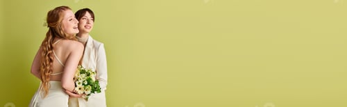 Preview: Lesbian couples wedding day joy on green background