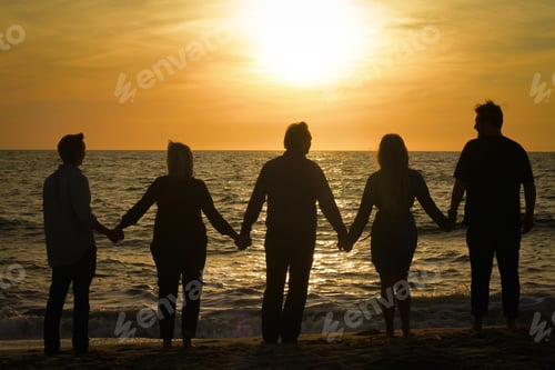 Preview: The view from behind and silhouette of a family as they hold hands at sunset.