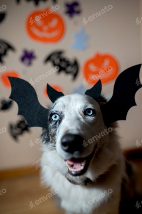 Preview: Border collie dog dressed as a bat