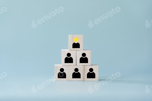 Preview: Concept and idea of leadership at the top with star best performance and followers in black.