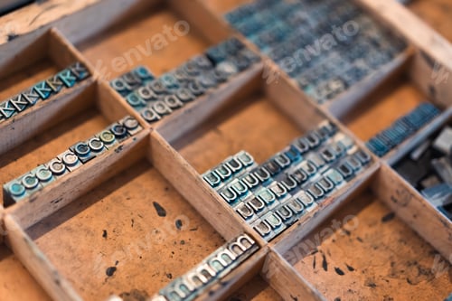 Preview: Vintage letterpress drawer with organized metal letters