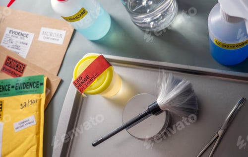 Preview: Files and evidence bag in a crime lab, conceptual image