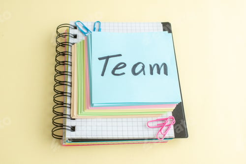 Preview: front view team written note with colorful paper notes on light background copybook office work