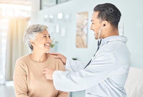 Preview: Doctor, senior patient and heart beat, stethoscope and consultation with cardiology and check breat