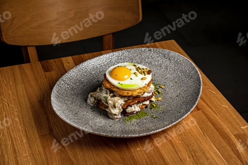 Preview: Potato pancakes with chicken meat, cream sauce and fried egg
