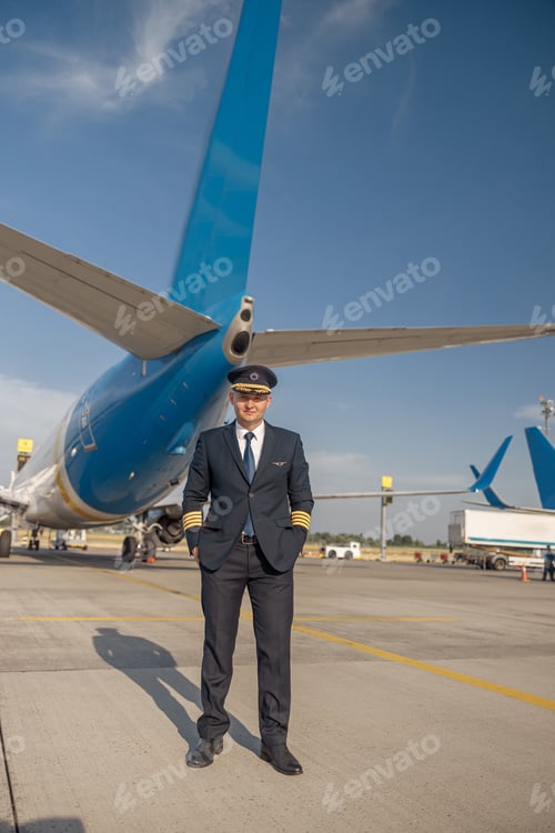 Preview: Full length shot of professional pilot in uniform looking at camera