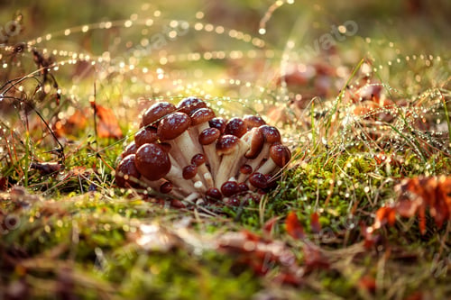 Preview: Armillaria Mushrooms of honey agaric In a Sunny forest in the ra