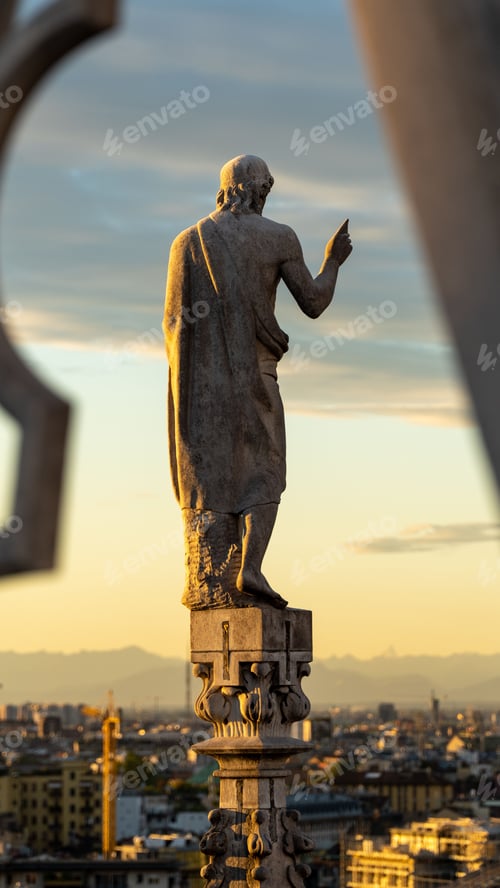 Preview: Close-up shot of a grand marble statue, with a stunning view of the bustling city skyline