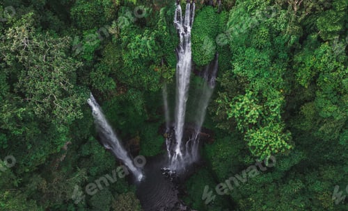 Preview: Aerial view of famous Sekumpul waterfalls in Bali, Indonesia. Tropical jungle rainforest