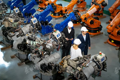 Preview: Businessman pointing toward machinery while walking by coworker at industry