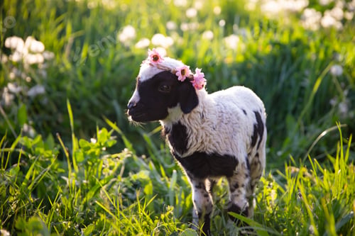 Preview: Beautiful baby lamb with flower wreath in magic light