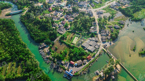Preview: Aerial drone view of riverside in Pantai Angin Berbisik, Marang, Terengganu, Malaysia