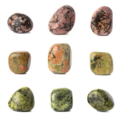 Preview: Set mineral natural semiprecious stone unakite, serpentinite green, pink black phodonite. Isolated