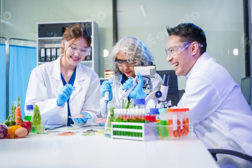 Preview: A male scientist and two women conduct plant research in a laboratory. microscopes, petri dishes