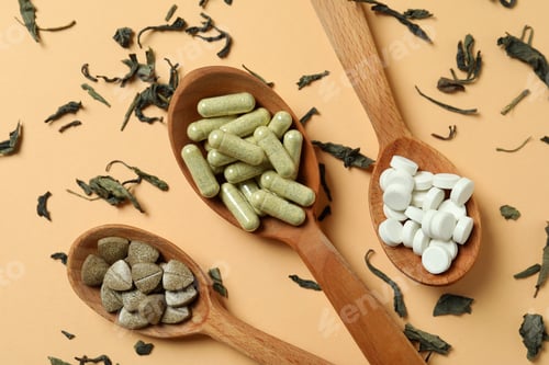 Preview: Concept of herbal medicine pills on beige background