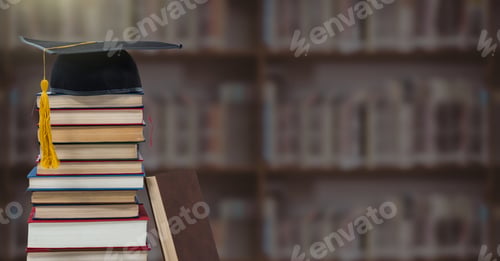 Preview: Books and graduation hat in education library
