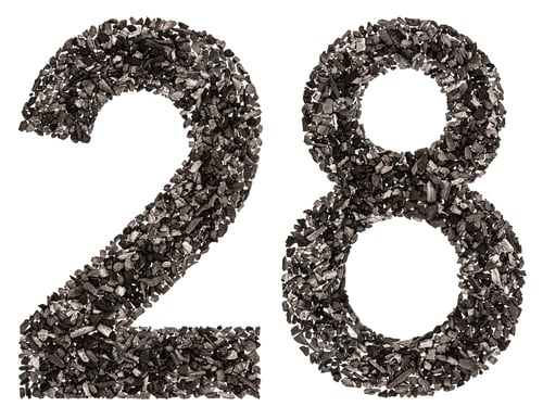 Preview: Arabic numeral 28, twenty eight, from black a natural charcoal, isolated on white background