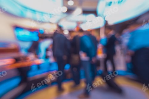 Preview: Exhibition- Background Blur. Blurred- Bokeh Lights. Expo Business- Booth Stand