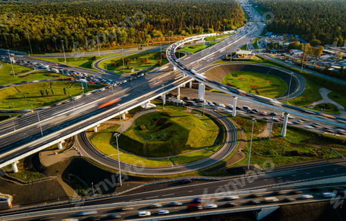 Preview: Aerial view of a freeway intersection traffic trails in Moscow.