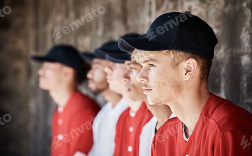 Preview: Baseball, uniform or dugout with a sports man watching his team play a game outdoor during summer f