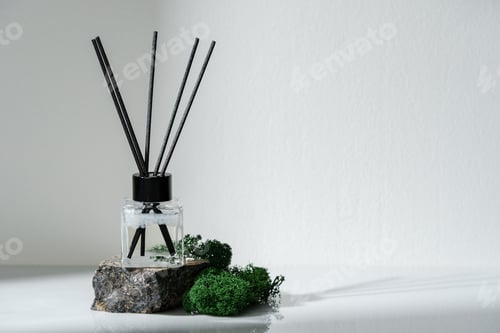 Preview: Elegant Aroma Diffuser With Black Reeds on a Granite Base Next to Moss Decor