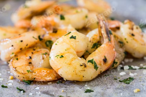 Preview: Shrimp Appetizer Or Dinner With Salt And Parsley On Metal Pan Close Up