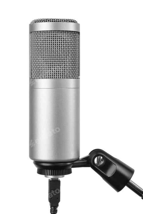 Preview: Silver condenser microphone with black stand and USB cable isolated on a white.