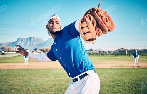Preview: Sports, pitching and fitness with man on field for throwing, workout or training for competition ma