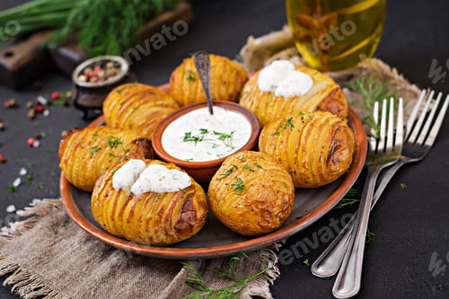 Preview: Baked potato with herbs and sauce on black background. Vegan food. Healthy meal.
