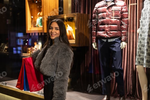 Preview: Young fashionable latina woman posing with paper shopping bags in front of clothing store