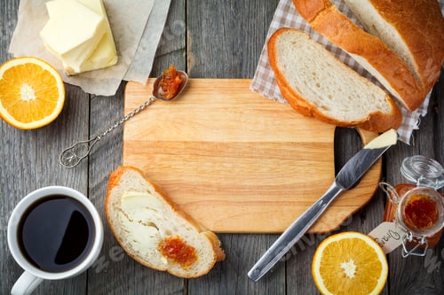 Preview: Ingredients for breakfast. Bread, butter, orange marmalade and a cup of tea with a wooden board in t
