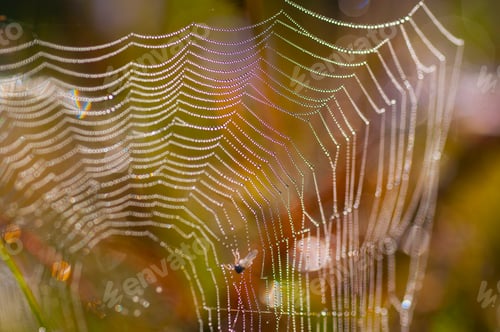 Preview: Beautiful pattern of spider's web with dewdrops on green background, Nature background
