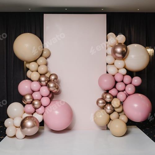 Preview: Arch with balloons, party decor. Photo-wall decoration space or place with pink, brown, and gold