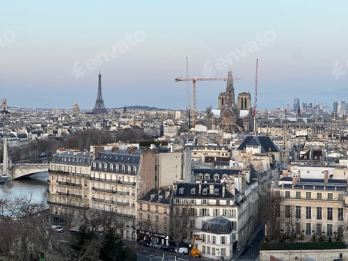 Preview: Beautiful buildings, Eiffel tower and river in Paris, view from hotel window