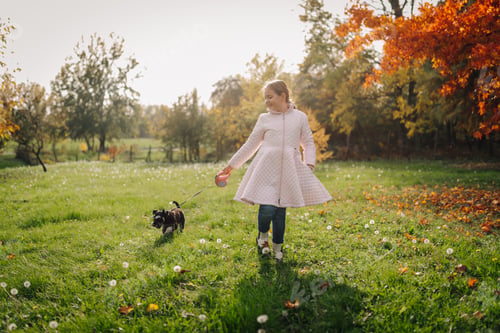 Preview: Girl walking miniature schnauzer puppy in autumn park meadow