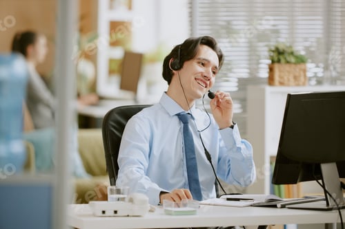 Preview: Caucasian Call Center Operator Speaking with Client
