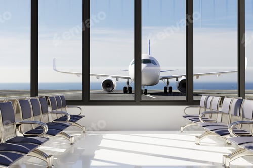 Preview: 3D interior of airport, airplane in window, flight waiting area, concept of travel