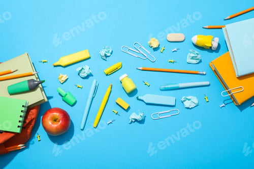 Preview: Concept of school education with school accessories, top view