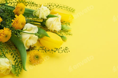 Preview: Bouquet of flowers on yellow background, space for text