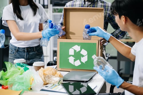 Preview: Eco-friendly teamwork with this office recycling scene. Perfect for showcasing sustainability,