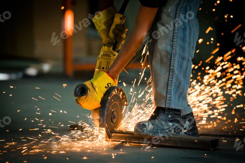 Preview: Welder working with a steel, industrial workshop, closeup on hands with an instrument