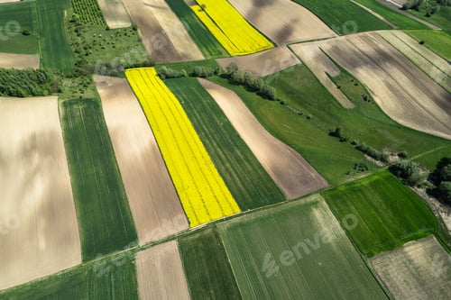 Preview: Colorful patterns in crop fields at farmland, aerial view, drone photo