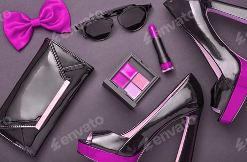 Preview: Fashion Summer Glamor Accessories minimal. Woman clothes collection falling on purple background. Tr