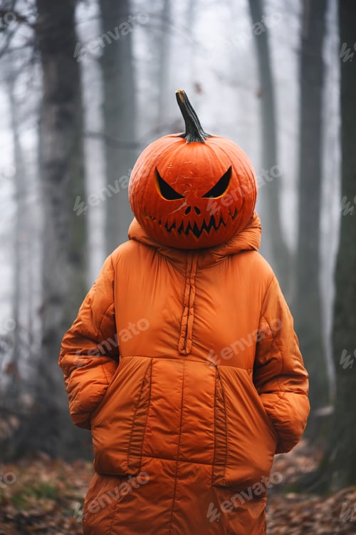 Preview: Portrait of a girl in orange jacket with a in carved pumpkin mask