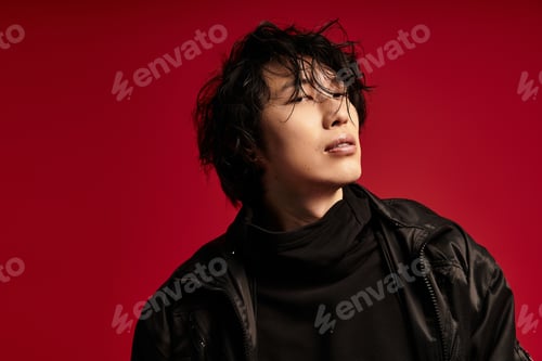 Preview: A stylish moment asian man poses against a vibrant red backdrop