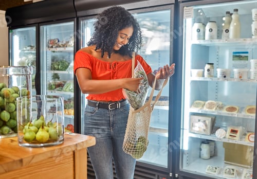 Preview: Black woman, shop and customer with grocery for bag, food and happy for shopping with zero waste in