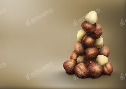 Preview: Many hazelnuts on light brown gradient background, space for text