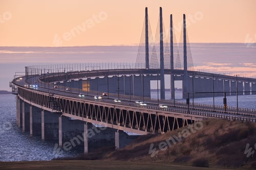 Preview: Beautiful view of the Oresund bridge at sunset in Sweden