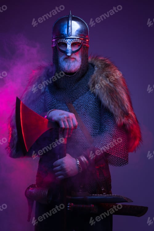 Preview: Bearded old man fighter with axe in fog
