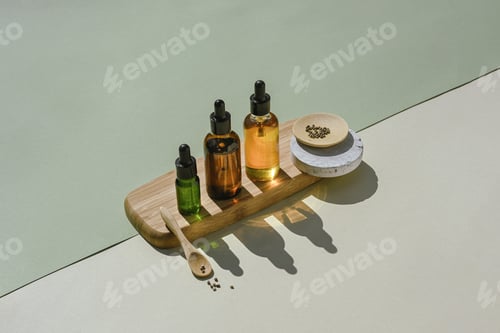 Preview: CBD oil in bottle and cannabis bush, hemp, white podium